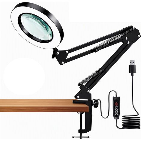 Lampe Loupe LED 10X avec Pince, Loupe Éclairée avec 3 Modes de Couleur et Luminosité Réglable, Bras Articulé Rotatif Flexible, Lampe Grossissante pour Lecture, Couture, Réparation et Artisanat, Noir (1/5)