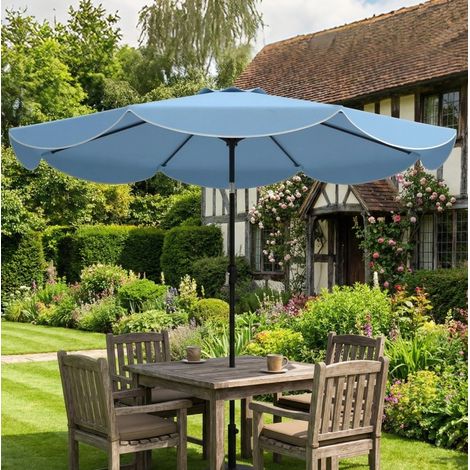 Parasol rond Ø265 x 235H cm avec inclinaison 3 positions, manivelle, 8 baleines, métal bleu ciel (1/5)