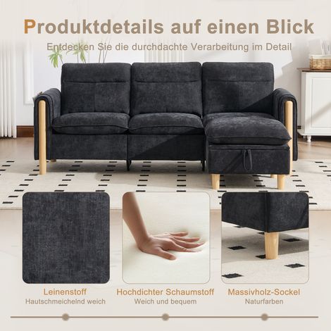 Set di divani a tre posti in stile nordico con pouf contenitore, divano angolare in tessuto con tasche laterali e gambe del tavolino in legno, ideale per soggiorni e piccoli spazi (ciniglia nera) (1/5)
