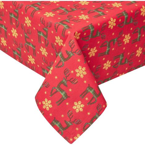 HOMESCAPES Red Reindeer 100% Cotton Christmas Tablecloth 178 x 305 cm