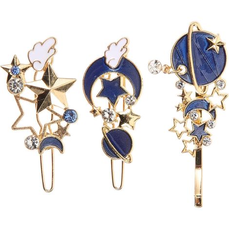 Moon and Star Hair Clips, Decorative Hairpins for Girls, Set of 3 in Blue Alloy, Side Clip for Holidays or Everyday Wear (1/5)