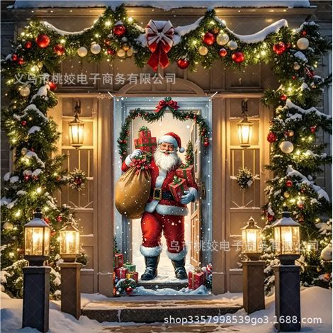Décoration de porte de Noël 2026, tissu de fond extérieur, polyester, tenture suspendue - 90 x 180 cm (rainure + ruban) - Style 8