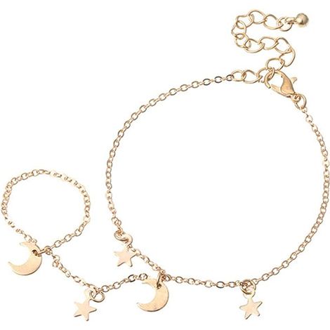Bracelet bague pour femme avec pendentif étoile et lune, chaîne de main minimaliste, bracelet esclave, bijou de soirée/bal, cadeau