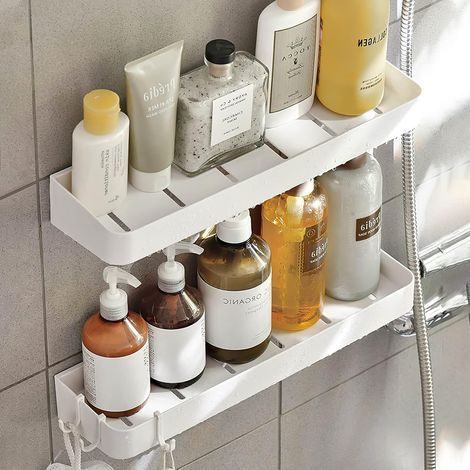Estante para ducha, juego de 2 estantes para ducha sin taladrar, 40 cm, blanco, estante colgante para ducha, con 5 ganchos ajustables, estante de pared para ducha para baño y cocina. (1/5)
