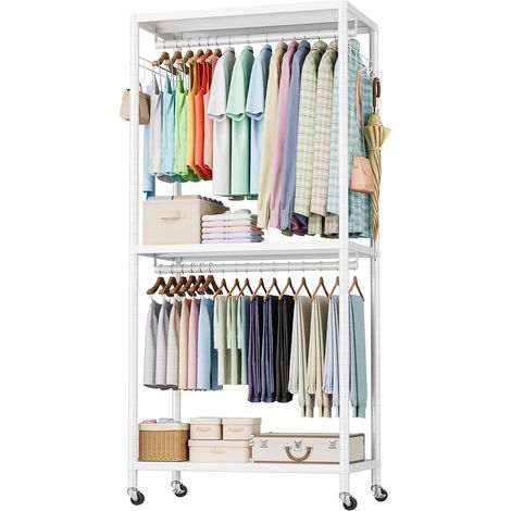 Portant à Vêtements Solide, Dimensions: 90 × 40 × 200 Centimètres,200kg, Penderie Sur Roulette, Kleiderschrank Metall Avec 2 Tringles, 3 Etagères de Rangement et 2 Crochets, Blanc (1/5)