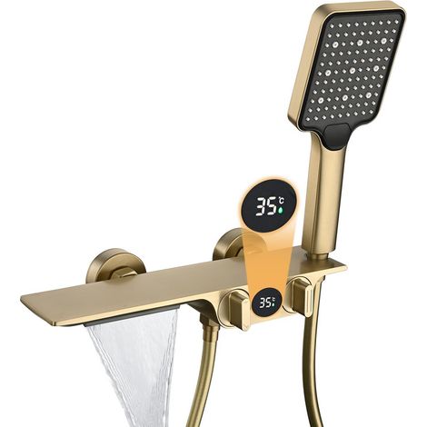 Badewannenarmatur mit Handbrause Gebürstetes Gold Wasserfall Badewannenarmatur mit Temperaturanzeige, Messing Mischbatterie Wasserhahn Badewanne, 3 Funktionen Handbrause, 150cm PVC Brauseschlauch