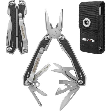 Swiss+Tech Pince Multifonction en Acier Inoxydable 16 en 1, Couteau Multifonction avec Structure Autoverrouillée, Multitool Tournevis Ouvre-Bouteille pour Camping, Extérieur, Randonnée, Réparation