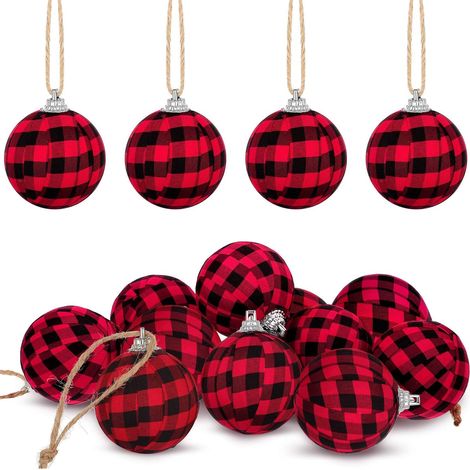 Ball Ornament - Fabric Plaid Decoration - Farmhouse Style Hanging Ornament for Christmas Valentine's Day - 55 mm Diameter - 12 Pieces