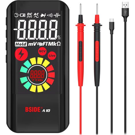 A10 Mini Multimètre Numérique Rechargeable Grand LCD Couleur 6000 Comptes Testeur Automatique de Tension Résistance et Continuité, Testeur Capacité Diode NCV avec Bip Sonore Lampe de poche (1/5)