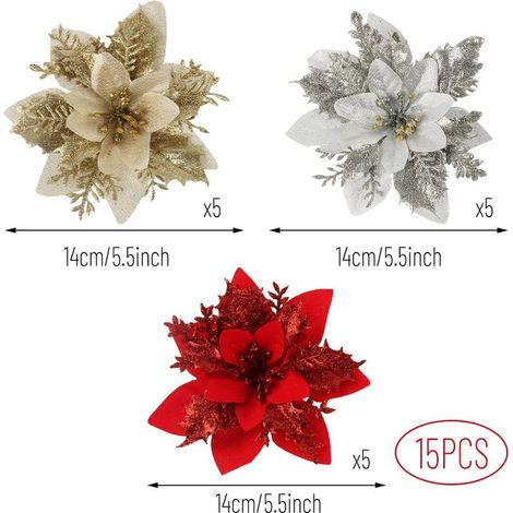 Christmas Glitter Poinsettia Flowers, 15 Pieces 14 x 14 cm Poinsettia Flower Christmas Deco Red Gold Silver Simulation Flower for Christmas Tree Decoration Wedding Party (1/4)