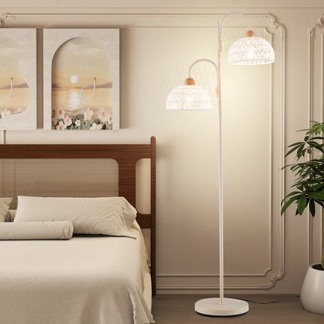 Lampadaire à 2 Lampes Lampe Arbre Rotative à 350° avec Interrupteur au Pied Abat-jours Tissés Et 2 Bases d'Ampoules E27 Base Lourde Blanc (1/3)