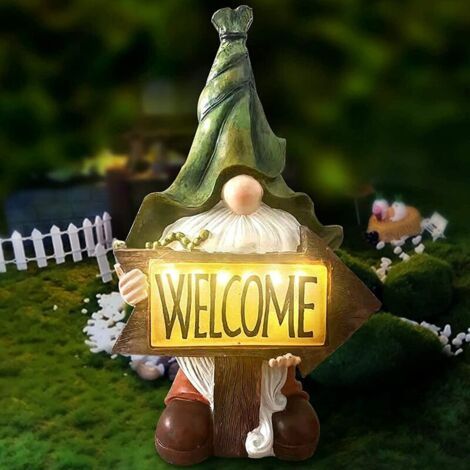 QORVA-Solaire GNOME de Jardin Statue Lumières avec LED Solaire en Résine Synthétique Nain de au Hula Hoop avec des lumières solaires à LED pour Jardin Patio Cour Pelouse Décoration Extérieure, Ensolei