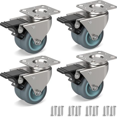 4 Swivel Casters for Furniture, Heavy Duty Double Casters with Brake + Screws - 50mm Up to 160KG - Rubber Wheel for Trolley (1/5)