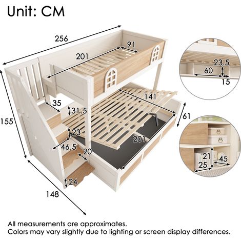 Etagenbett Kinderbett 90x200 und 140x200 cm Holzbett mit hydraulischem Stauraum Treppenschrank Lattenroste und Rausfallschutz für mehrere Kinder sicherer Schlafbereich Weiß Natur ohne Matratze (1/5)