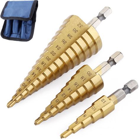 Stepped drill bit set, 3 piece set, hexagonal shank – for precision drilling in metal and wood. (1/5)