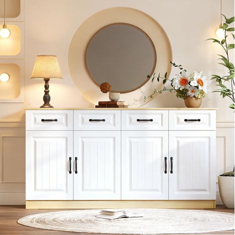 Credenza sideboard con 4 cassetti e 4 ante 160 cm MDF bianco e legno naturale (1/5)