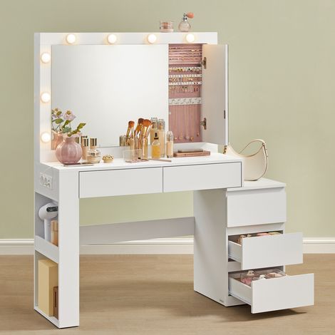 Vasagle – Coiffeuse enfant avec miroir éclairé – 2 tiroirs et armoire à bijoux – Dimensions 40 x 125 x 140 cm – Design moderne blanc nuage (1/5)