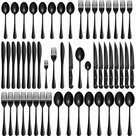 Couverts de Table, Service de Table 8 Personnes, 48 Pièces Set de Couverts Noir avec Couteau à Steak, Couverts en Acier Inoxydable pour la Maison Restaurant Fêtes, Lavable en Machine (1/5)
