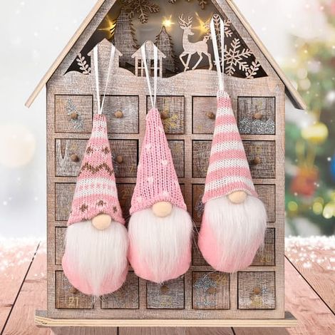 Lot de 3 décorations de Noël roses, bonnet Rudolf tricoté (1/5)