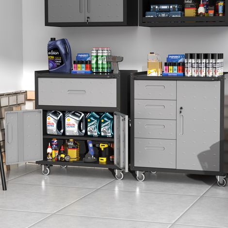 Armoire métallique de garage pour rangement lourd – meuble de stockage robuste (H 88 × L 75 × P 42 cm), avec 1 tiroir et 2 portes verrouillables. (1/5)