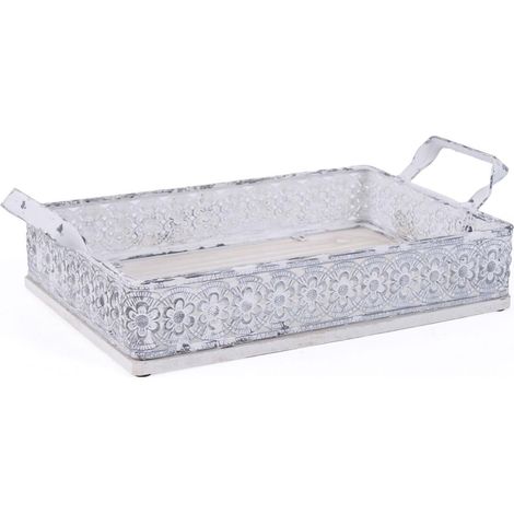 Vassoio in metallo bianco e legno di abete, 29X19H6 cm (kit da 3) (1/2)