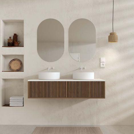 Mobile Bagno 120 cm - 2 Cassetti Finitura Rovere e Nero - Piano e Lavabi Bianchi - Specchi Ovali