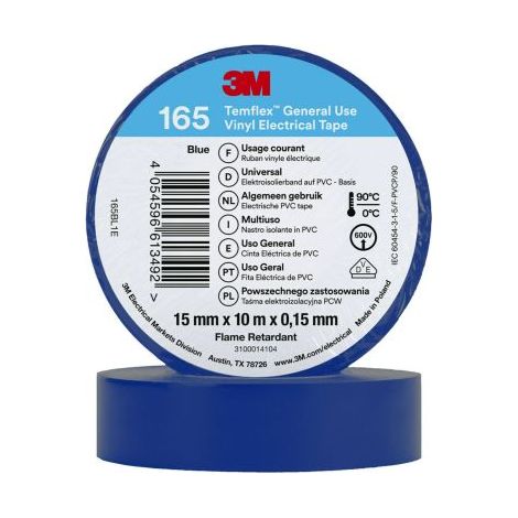3M – Ruban isolant vinyle bleu 10m x 15mm x 0.152mm – Résistant jusqu'à +90°C – Pour applications électriques et d'isolation