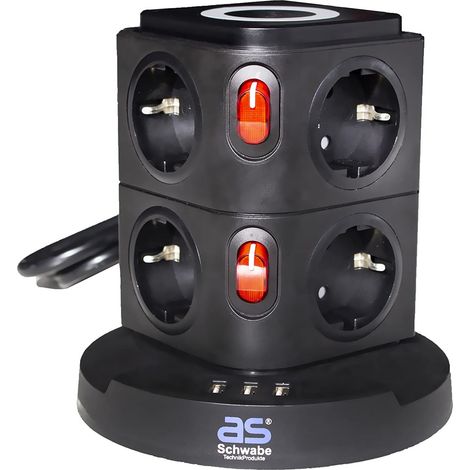 Multiprise 8 Prises et Surface de Charge à Induction - Câble de 2 m - Cube de Prise avec 3 Ports USB - Tour de Prise - Noir - 18221 (1/5)