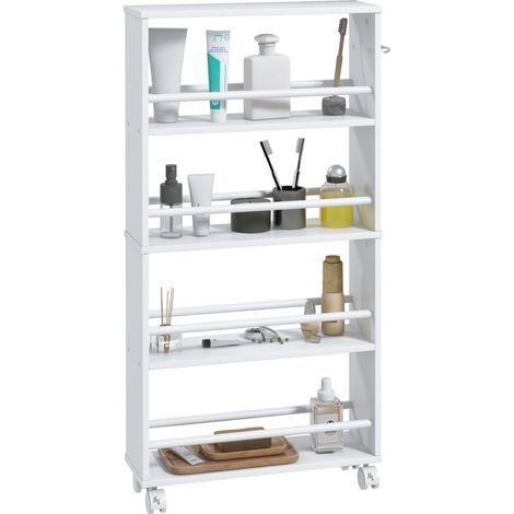 Carro de almacenamiento de 4 niveles, carrito con ruedas y asas, carrito estrecho, 45 x 15 x 91 cm, blanco (1/5)