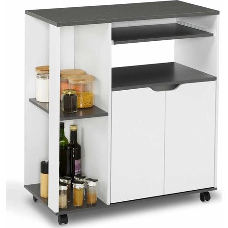 Idmarket – Desserte de cuisine sur roulettes bois blanc – Plateau gris L.76 x P.39,5 x H.85 cm – 4 roulettes dont 2 avec frein – Rangement pratique