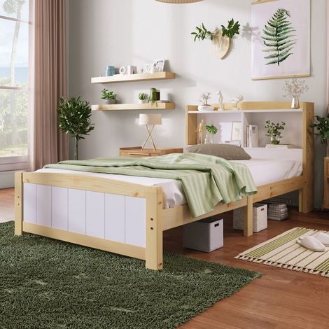 Lit complet - SOGEU - 90x200 - Bois massif - Tête de lit rangement - Sommier à lattes (1/5)