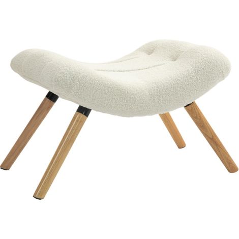 Pouf moderno imbottito in tessuto effetto bouclé con gambe in legno, crema bianco (1/4)