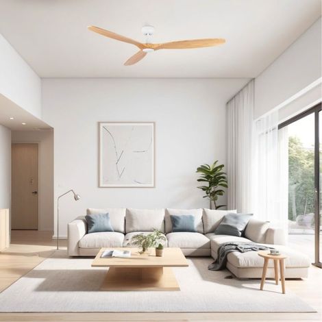 Ventilatore da soffitto silenzioso Ø152 cm – 3 pale in legno di pino certificato FSC – Motore DC – 6 velocità – Portata d'aria 147 m³/min – Telecomando con timer – (1/3)