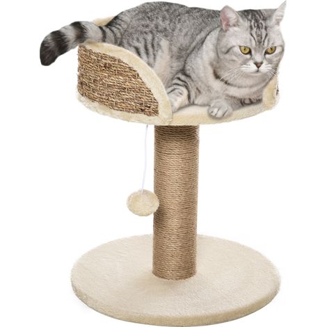 Arbre à chat grattoir plateforme avec rebords 40 x 40 x 49 cm peluche pompon moderne en panneaux de particules café (1/5)