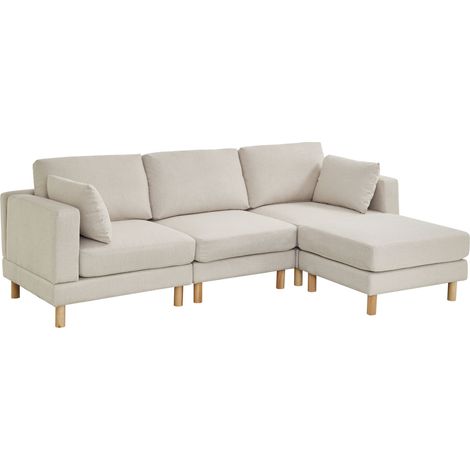 Canapé d’angle nordique 3 places avec pouf 235×152×78 CM – canapé en L beige en polyester avec pieds en bois massif pour salon moderne (1/5)