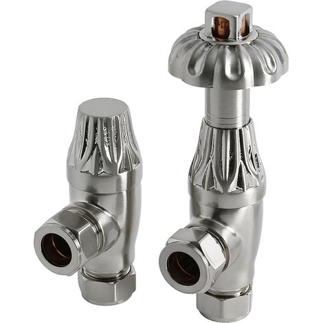 Milano Windsor Antique Style Angled Heated Towel Rail Radiator Thermostatic Valves Pair - Satin Nickel
