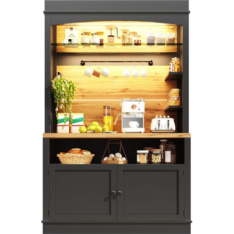 Lot de 2 Buffets Hauts de Cuisine Vaisselier avec Éclairage LED Étagères MDF Métal Noir (1/5)