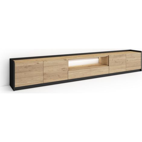 Skraut Home - Mueble TV, Televisión, Muebles de salón, almacenaje, 310x37x50cm, Para TV hasta 80", LED, Estilo Moderno, Roble y negro (1/5)