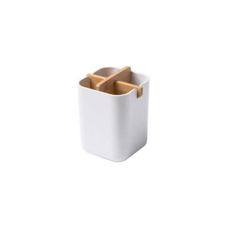 Soporte de bambú para cepillos de dientes con 4 compartimentos, vaso para cepillo y pasta de dientes, organizador de utensilios de cocina para el hogar - Blanco - Crezuo (1/4)