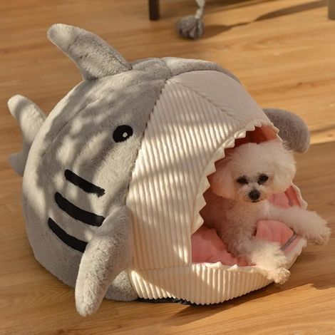 Niche pour Chat Petit Chien Interieur Chaud Lit Moelleux Nid de Canapé avec Coussin Amovible Lavable en Forme Requin Gris 53x50x36cm (1/4)