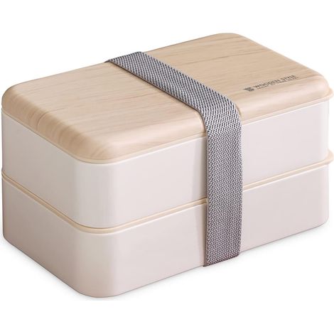 MINKUROW Lunch Box, Lunch Box Con Posate A 2 Strati, Bento Giapponese Per Bambini O Adulti, Per La Scuola O Il Lavoro Con Coltello E Forchetta (Bianco) (1/5)