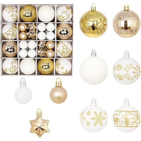 Lot de 42 petites boules de Noël en plastique incassable à suspendre pour sapin de Noël, fêtes, mariage (blanc doré) (1/5)