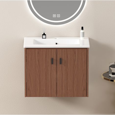 REDOM armario de baño, 60 cm de ancho, amplio espacio de almacenaje, 2 puertas de cierre suave, cerámica y MDF, marrón rojizo (1/5)