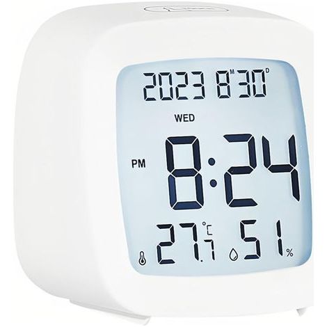 Sveglia digitale con temperatura e umidità, registrazione max/min 12/24 ore, calendario settimanale, pulsante tattile, per casa, ufficio, studenti (1/5)