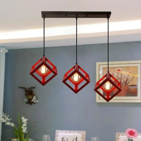 Rouge Industrielle Lustre en Métal Rétro 3 Lampes de Suspension E27 Douille pour Cuisine, Salle à manger, Salon (1/4)