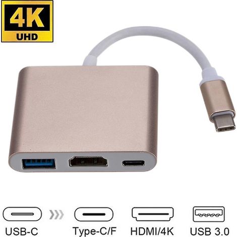 Adaptateur hub USB Type-C vers HDMI 4K 3-en-1 (Or) / Boîtier en alliage d'aluminium / Adaptateur hub USB C 3.1 (1/3)