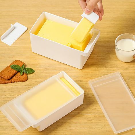 Beurrier 2 pièces avec couvercle et coupe-beurre, beurrier en plastique avec poignées, dosage précis du beurre, compatible lave-vaisselle, récipient de conservation du beurre et du fromage pour la cui (1/5)