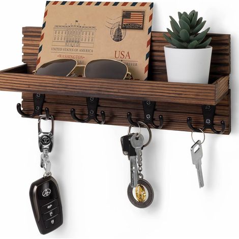 Porte-Cles Courrier Mural Bois 4 Crochets Brun (1/4)