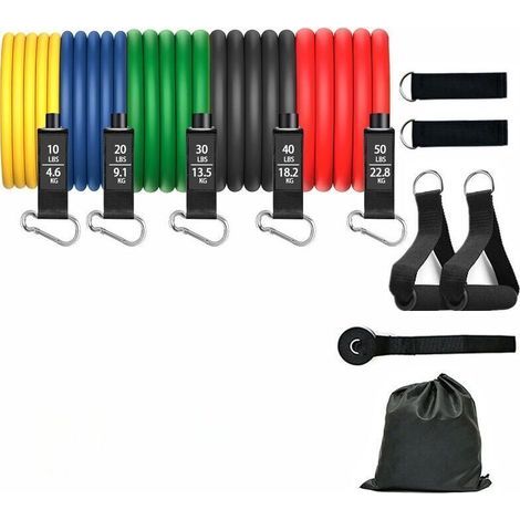Kit d'élastique de Musculation - 5 Bandes de résistance totalisant 150 livres, poignées, Sangles de Cheville et ancrage de Porte