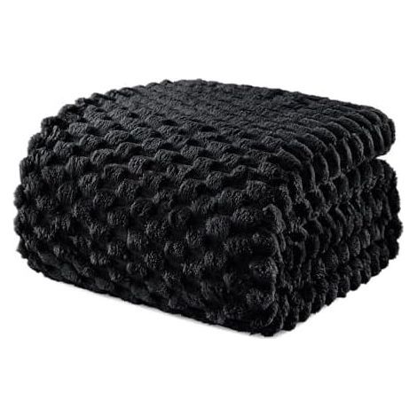 Couverture en laine Queen Size, 90 x 90 pouces, élégante couverture douce en velours jacquard, moelleuse, confortable et légère, idéale pour l'hiver, noire. (1/5)